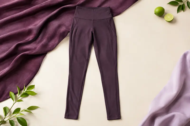 Legging de sport prune présenté à plat avec sa ceinture visible