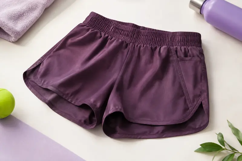 Short de sport pour femme posé à plat dans un décor de studio clair