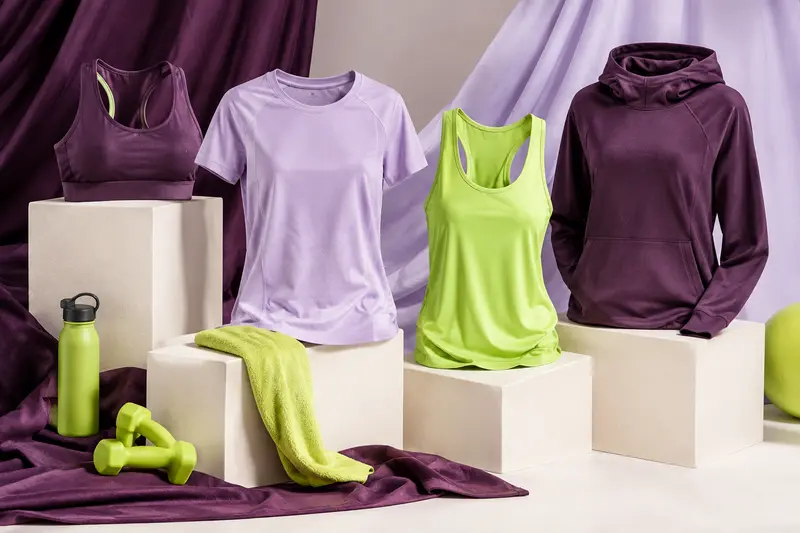 Brassière, tee-shirt, débardeur et sweat de sport présentés en studio