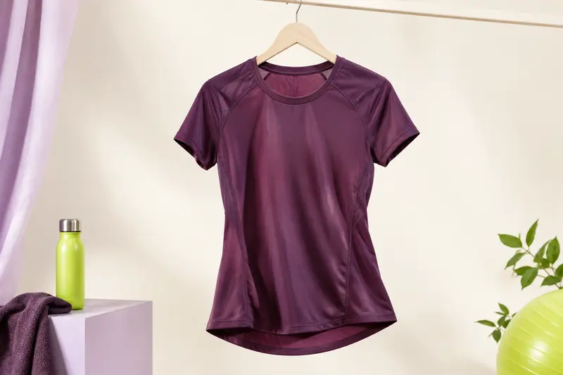 Tee-shirt de sport pour femme suspendu sur un fond ivoire