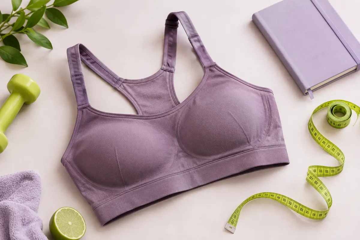 Brassière de sport posée à plat avec la bande, les bretelles et les bonnets visibles pour examiner sa coupe.