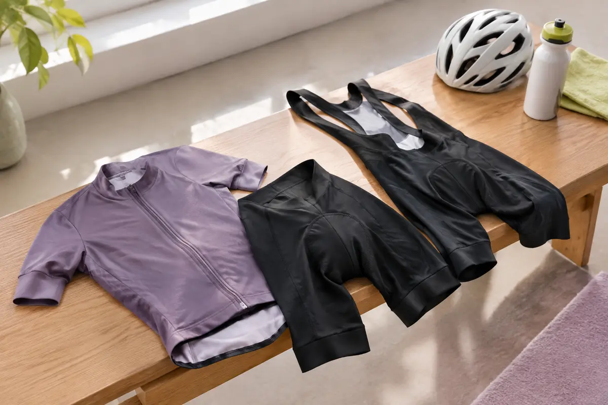 Combinaison de cyclisme et tenue en deux pièces disposées côte à côte pour comparer leur coupe.