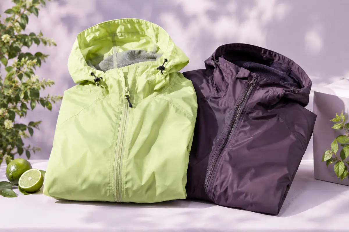 Deux vestes de sport, un coupe-vent et un modèle imperméable, posées côte à côte sur un banc humide.