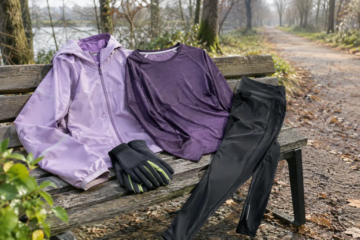 Veste de running, haut technique, legging et gants disposés sur un banc dans un parc en hiver