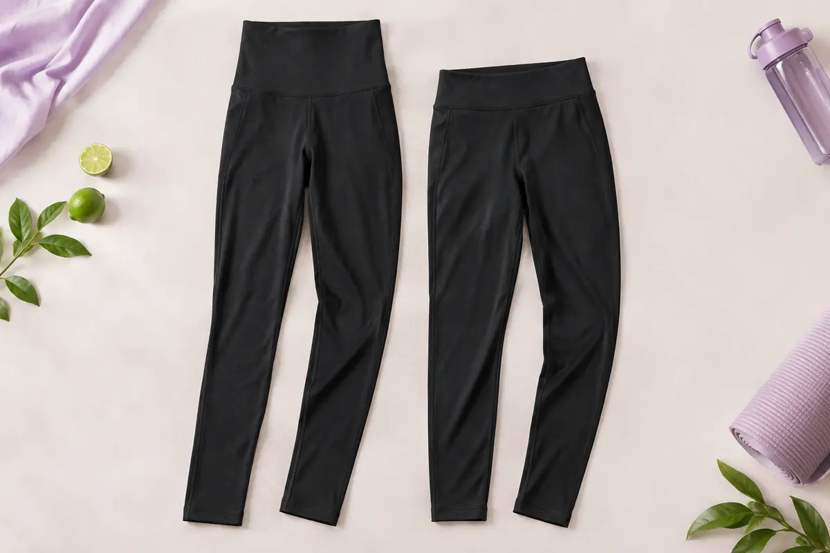 Deux leggings de sport noirs posés à plat, avec des ceintures de hauteurs différentes bien visibles.