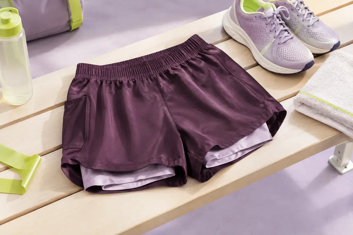 Short de sport deux-en-un posé sur un banc, avec chaussures de course et serviette pliée.
