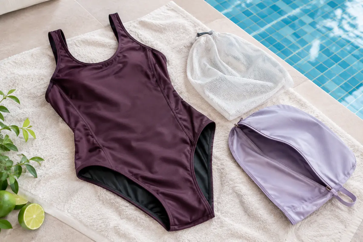 Maillot de natation posé sur une serviette près d’un bassin, prêt à être rincé et séché.