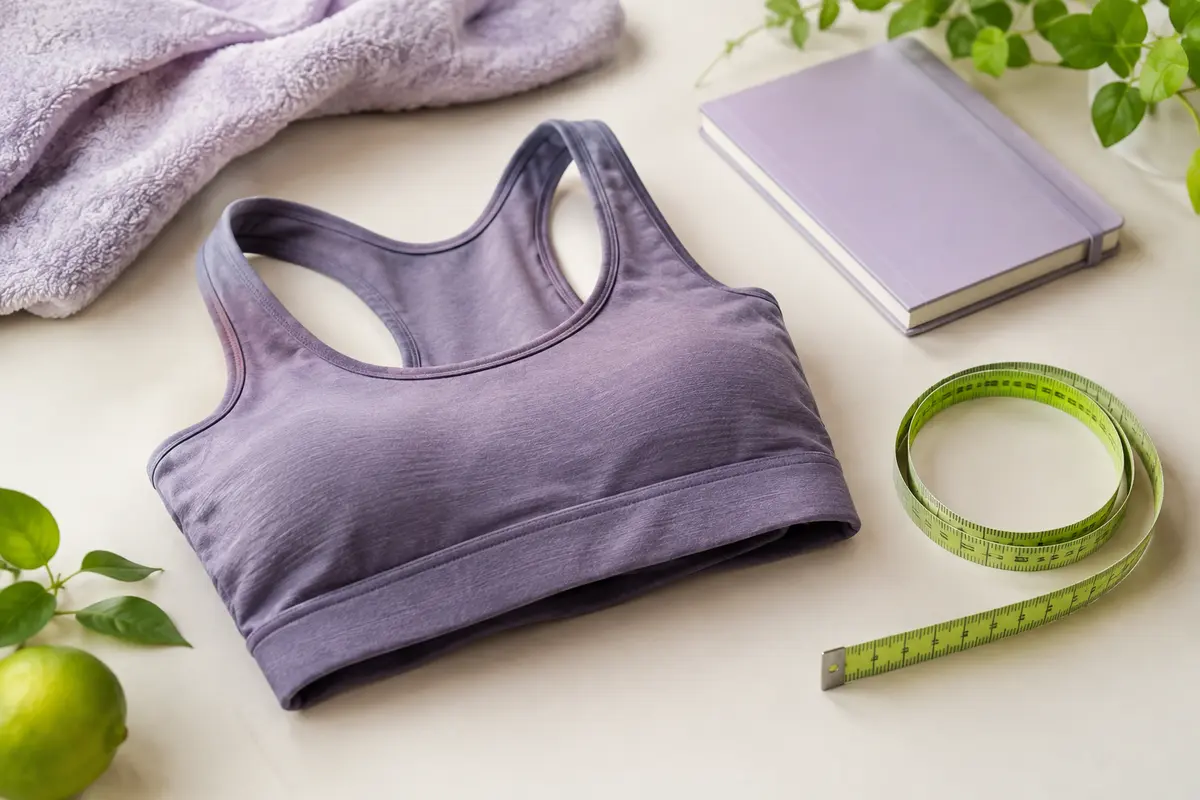 Brassière de sport et mètre ruban posés à plat pour préparer la prise de mesures.