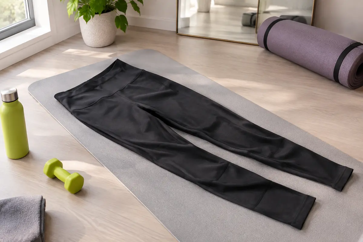Legging de sport noir observé à la lumière naturelle dans un espace d’entraînement à domicile.
