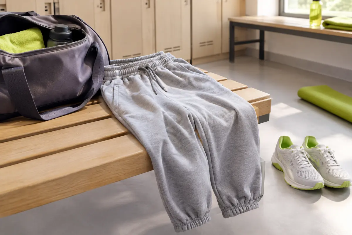 Pantalon de jogging de sport posé sur un banc près d’un sac et de chaussures dans un vestiaire lumineux.
