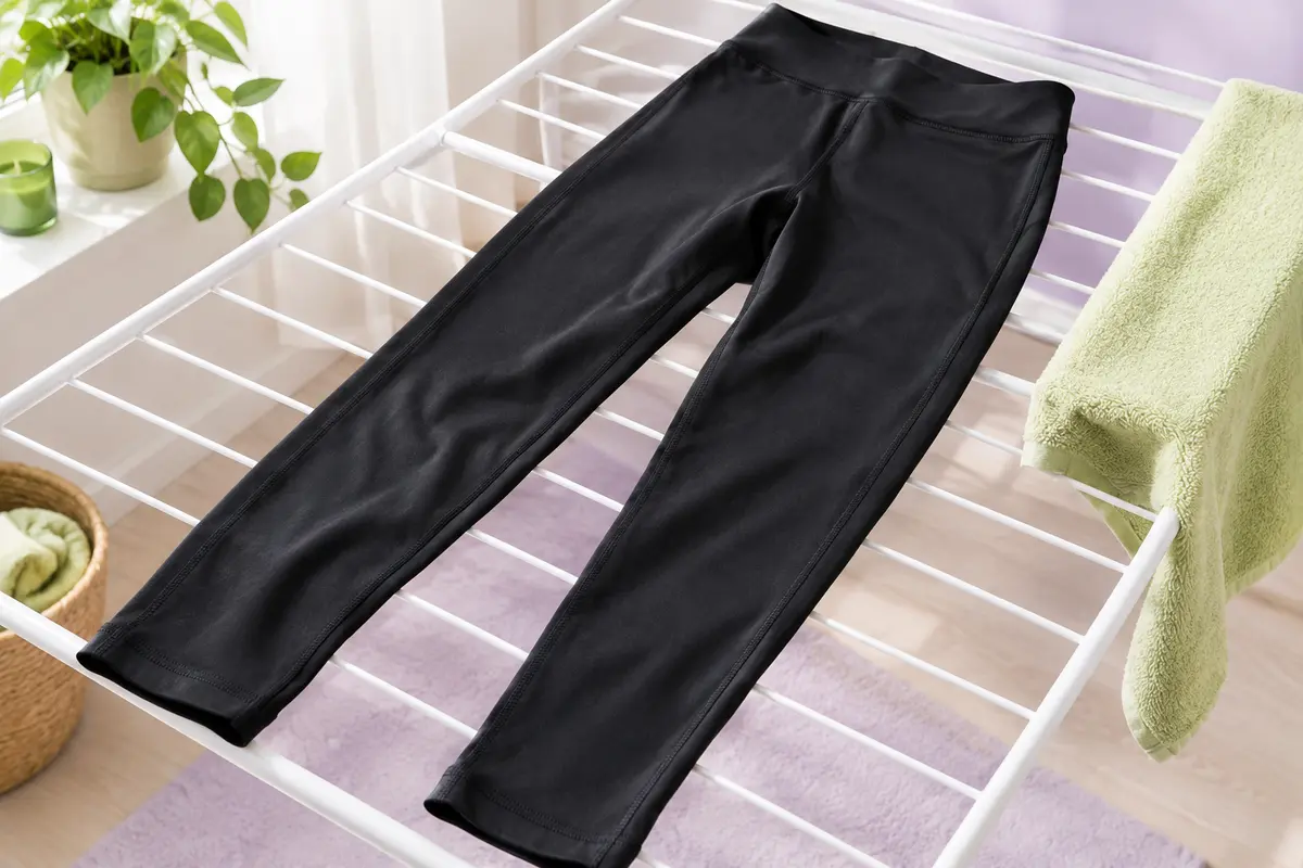 Legging de sport noir étendu à plat sur un étendoir dans une pièce lumineuse et aérée.