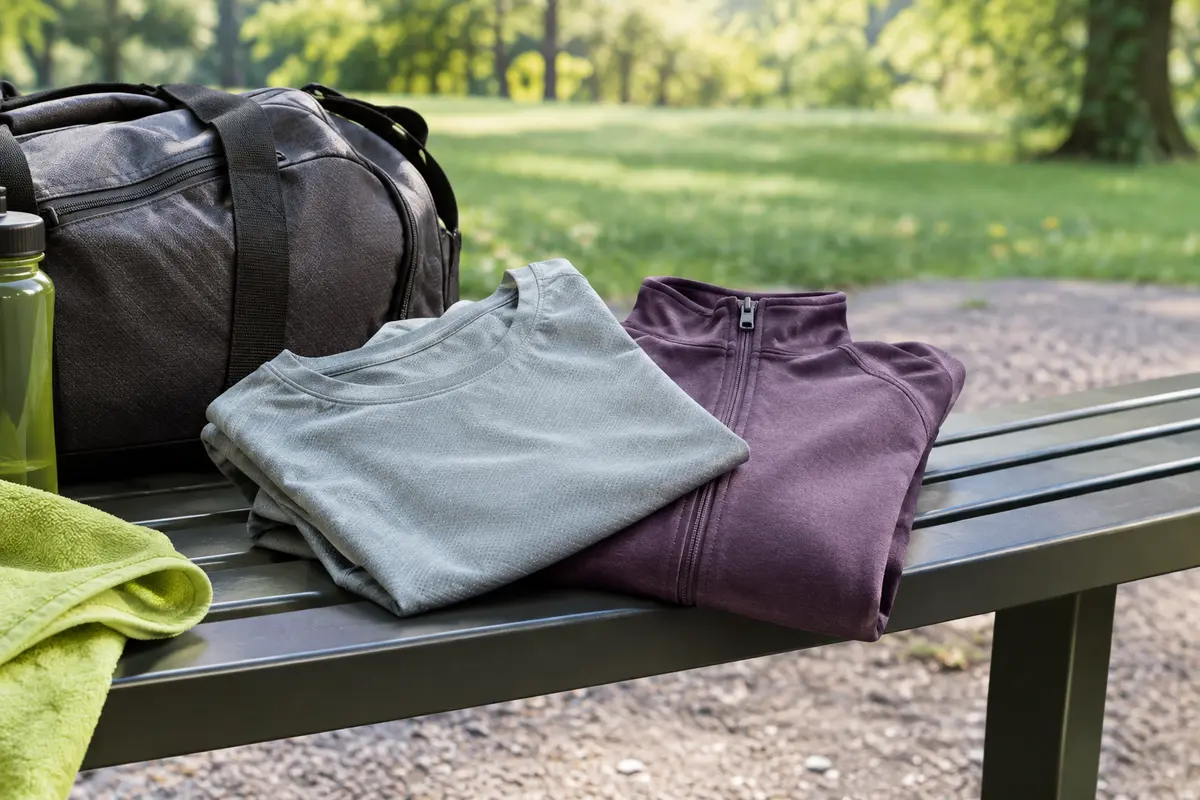 Tee-shirt de sport et sweat zippé posés sur un banc près d’un sac en extérieur