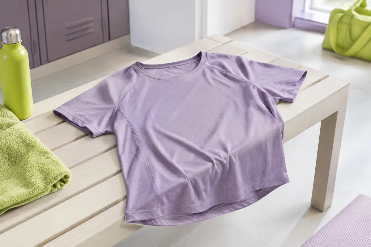 Tee-shirt de sport à manches courtes posé à plat, avec sa maille et sa coupe visibles.