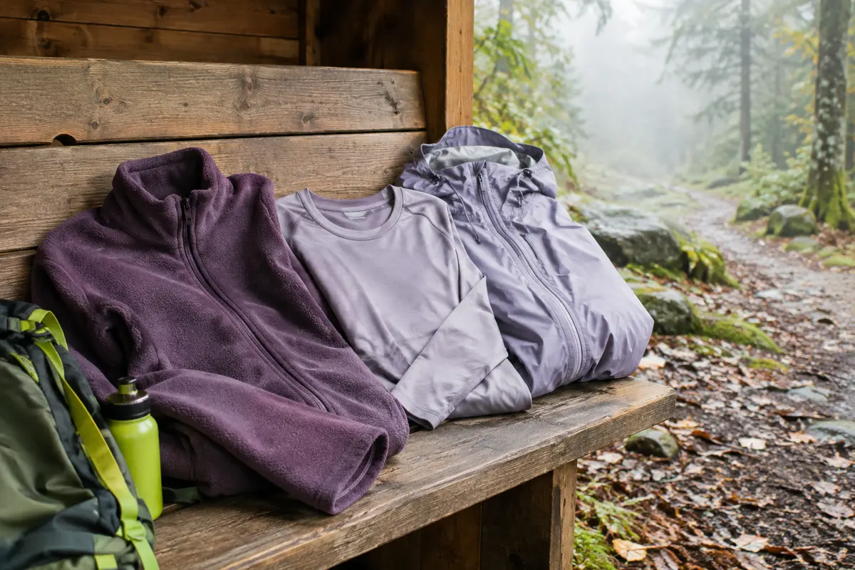 Veste polaire zippée, tee-shirt technique et coupe-vent réunis pour une marche active par temps frais