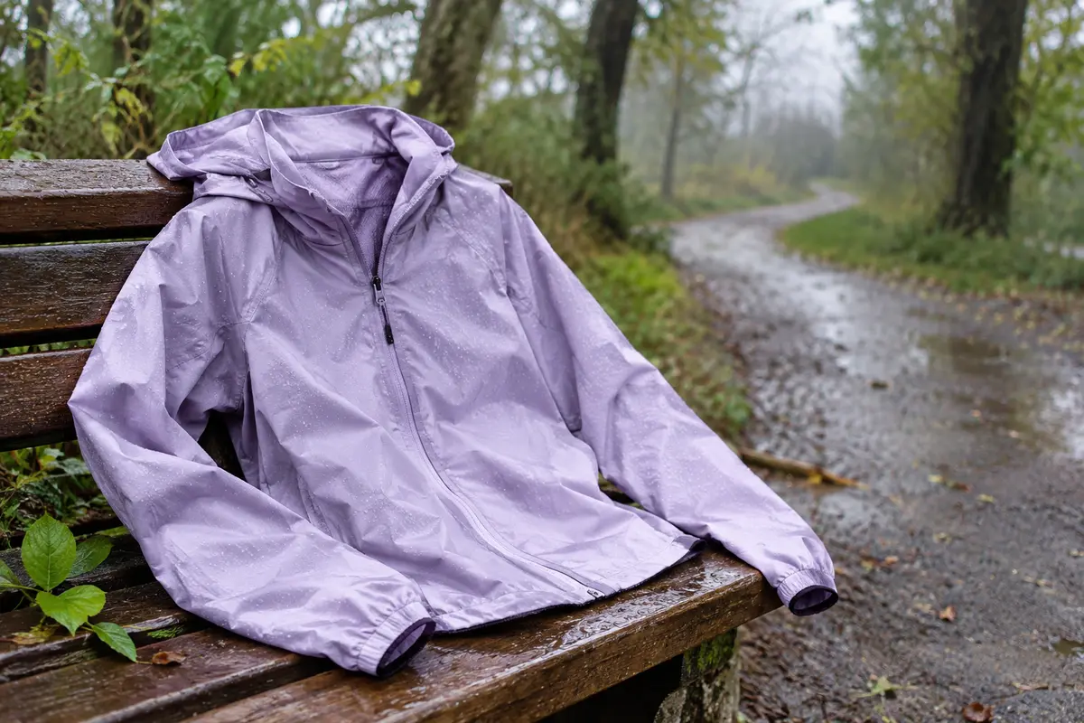 Veste de running légère posée sur un banc près d’un sentier humide sous un ciel couvert.