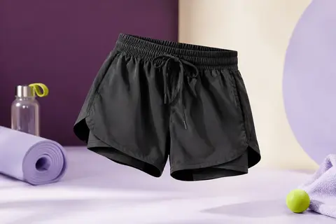 Short de sport noir 2-en-1 avec cordon de serrage, suspendu dans un studio aux tons prune et lilas