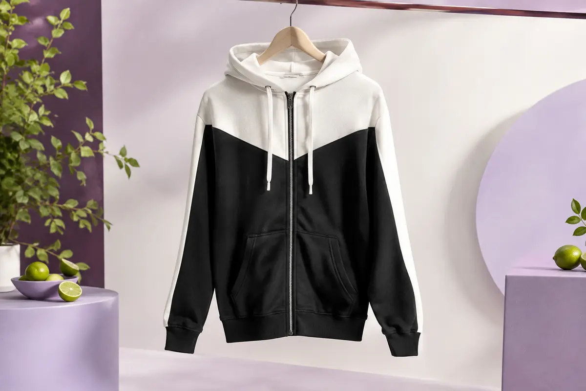 Sweat à capuche noir et blanc à zip intégral, capuche réglable et poches avant