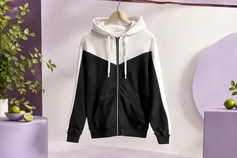 Sweat à capuche noir et blanc à zip intégral, capuche réglable et poches avant