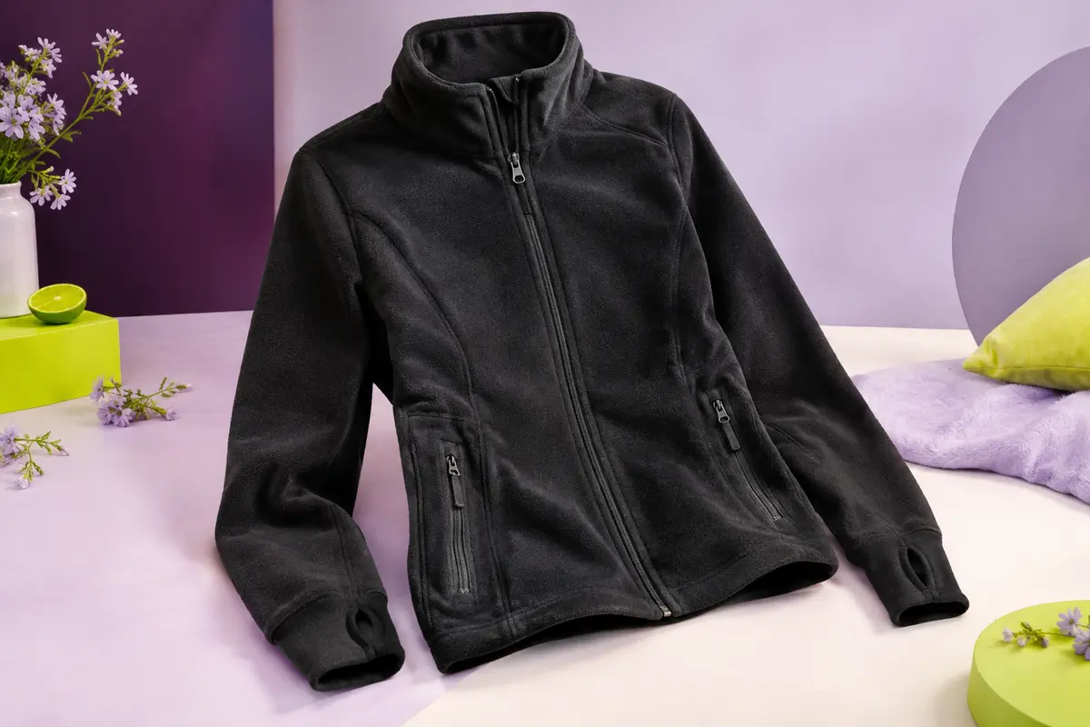 Veste polaire noire à col haut, manches à trous pour les pouces et poches zippées posée sur un fond de studio lilas.