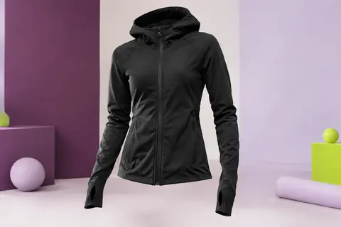 Sweat de sport noir à capuche avec fermeture zippée, poches avant et manches à passe-pouces