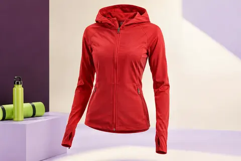Veste de running rouge à capuche, manches longues, poches zippées et passe-pouces sur fond de studio lumineux.