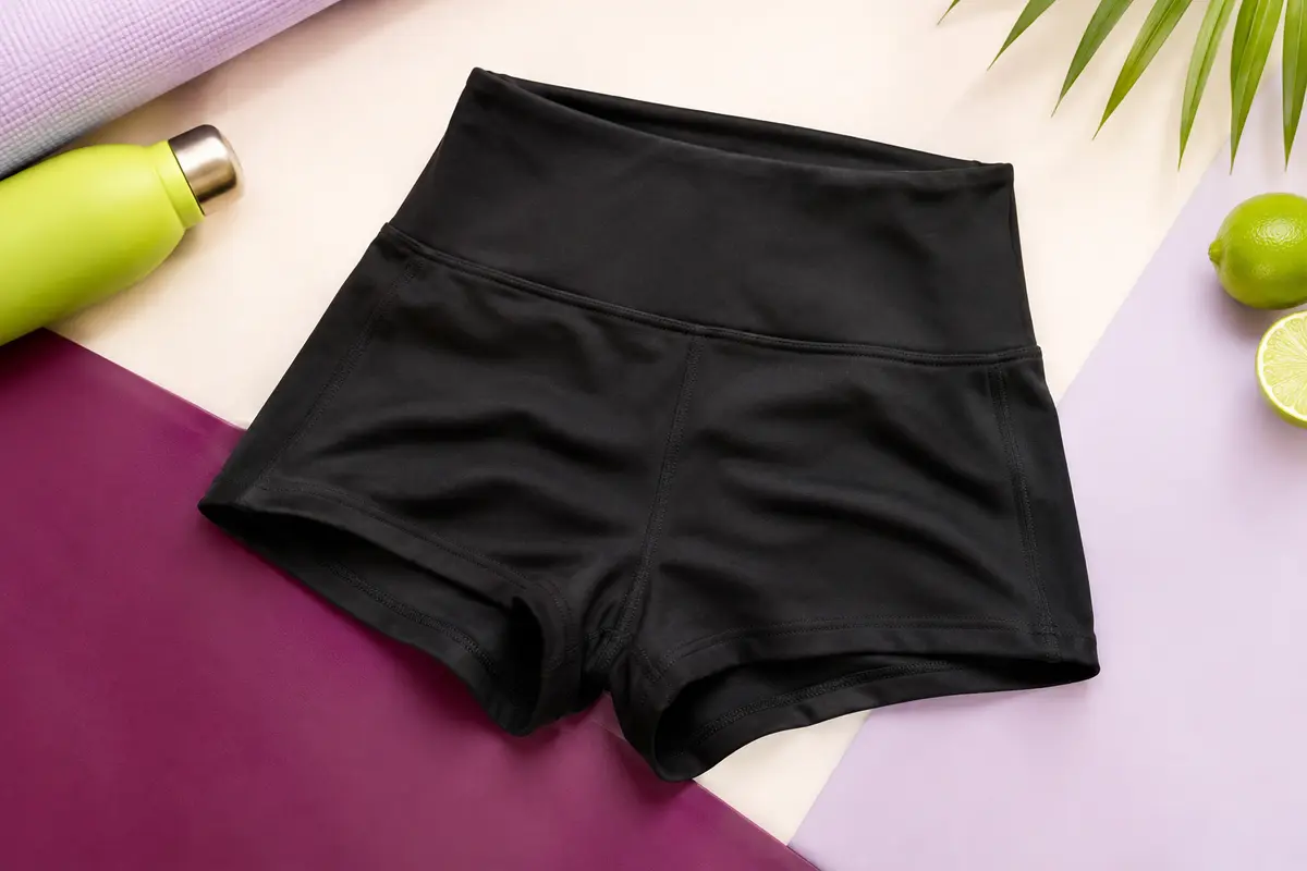 Shorty de sport noir à taille haute, coupe courte et ajustée, posé sur un fond de studio lumineux.