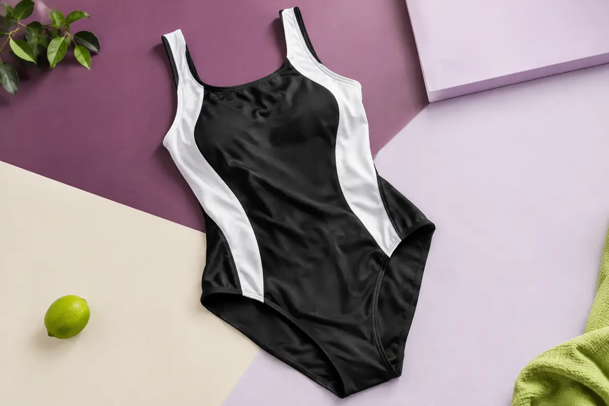 Maillot de bain une pièce noir et blanc posé sur un fond de studio clair aux accents prune et lilas