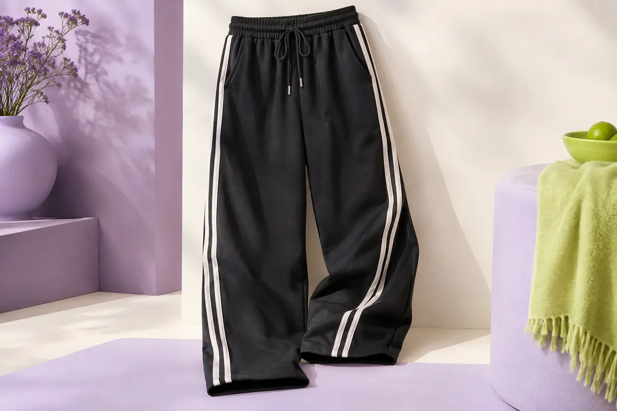 Pantalon de jogging ample noir à rayures, en coton, posé sur un fond de studio lilas et prune.