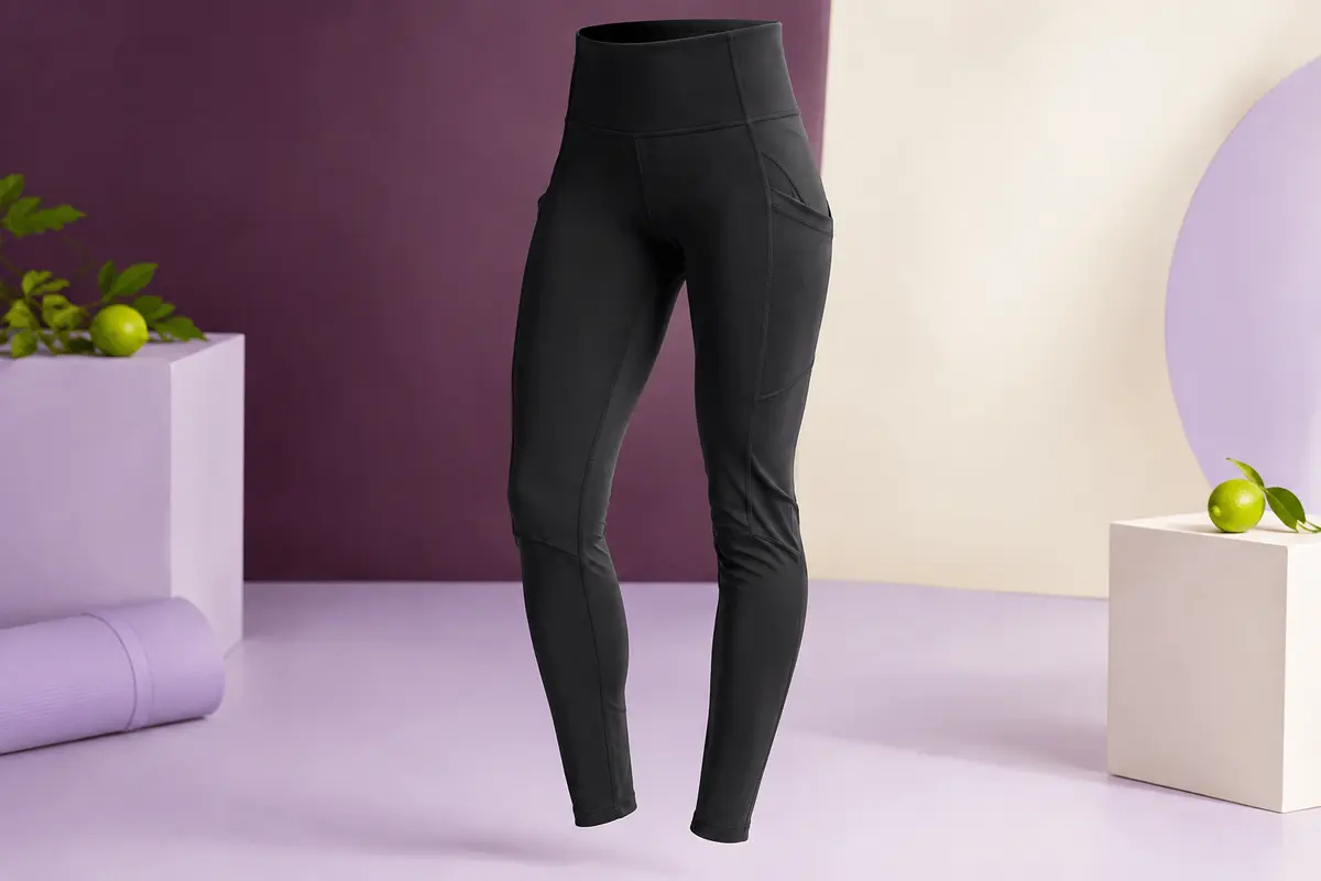 Legging de sport noir à taille haute, texture structurée et poches latérales, présenté seul en studio lumineux.