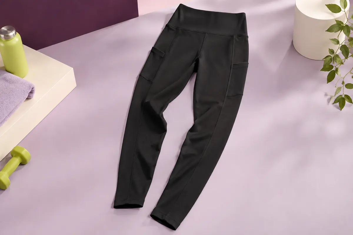 Legging de sport noir à taille haute, poches latérales et coutures visibles, posé sur un fond prune et lilas.