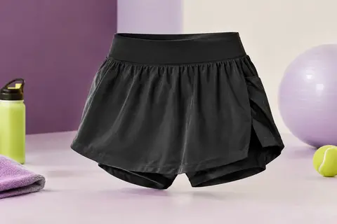 Jupe-short de tennis noire avec short intégré, ceinture haute élastique et poches intérieures
