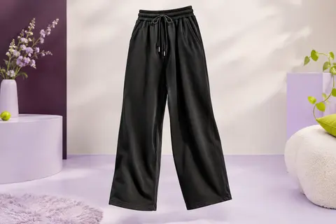 Pantalon de jogging noir à jambes larges, taille haute à cordon et poches latérales