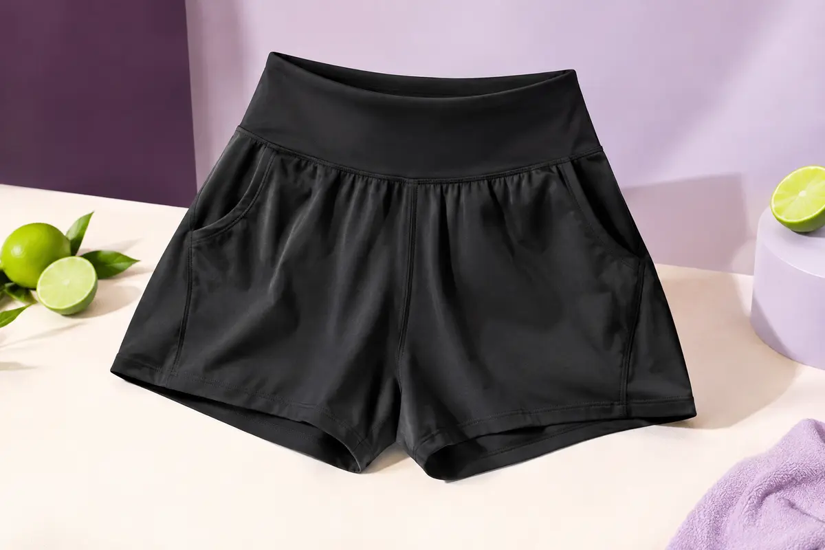 Short de sport noir à taille haute et poches latérales posé sur un fond de studio lilas et prune.
