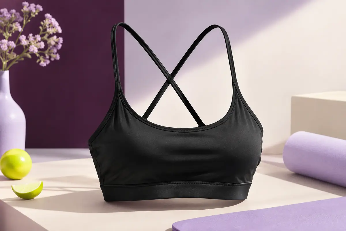 Brassière de sport noire à fines bretelles croisées, posée sur un fond de studio lilas et ivoire.