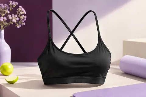 Brassière de sport noire à fines bretelles croisées, posée sur un fond de studio lilas et ivoire.