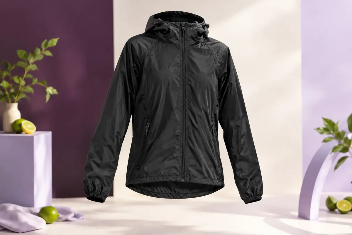 Veste de running noire légère avec capuche ajustable, poignets élastiques et poches latérales zippées