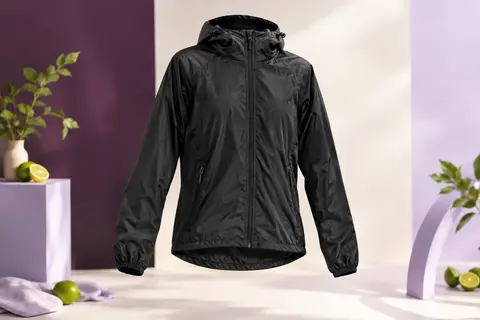 Veste de running noire légère avec capuche ajustable, poignets élastiques et poches latérales zippées