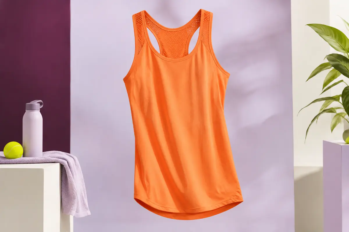 Débardeur de sport orange sans manches, à encolure ronde, bretelles en maille et ourlet incurvé sur fond de studio lilas.