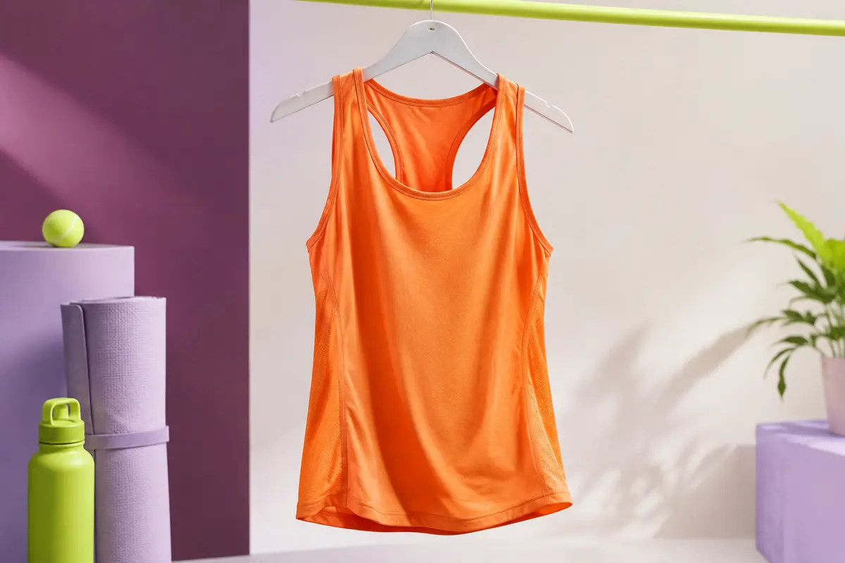 Débardeur de sport orange sans manches à coupe latérale oblique présenté sur fond de studio lumineux