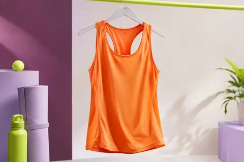 Débardeur de sport orange sans manches à coupe latérale oblique présenté sur fond de studio lumineux