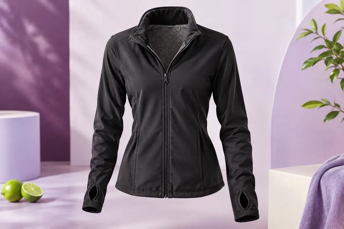 Veste de sport noire à manches longues avec fermeture zippée, doublure douce et passe-pouces