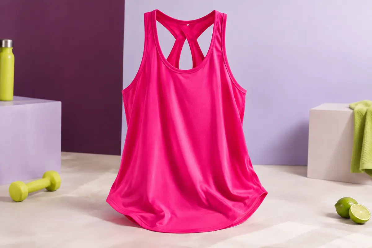 Débardeur de sport fuchsia à coupe ample, dos ouvert et bretelles croisées sur fond de studio clair.