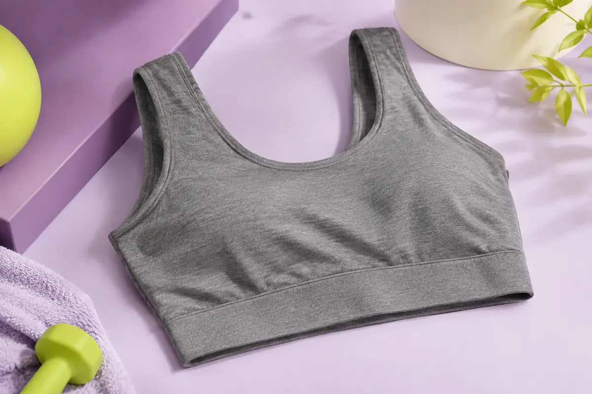 Brassière de sport Fila grise à couverture totale, posée sur un fond de studio prune et ivoire.