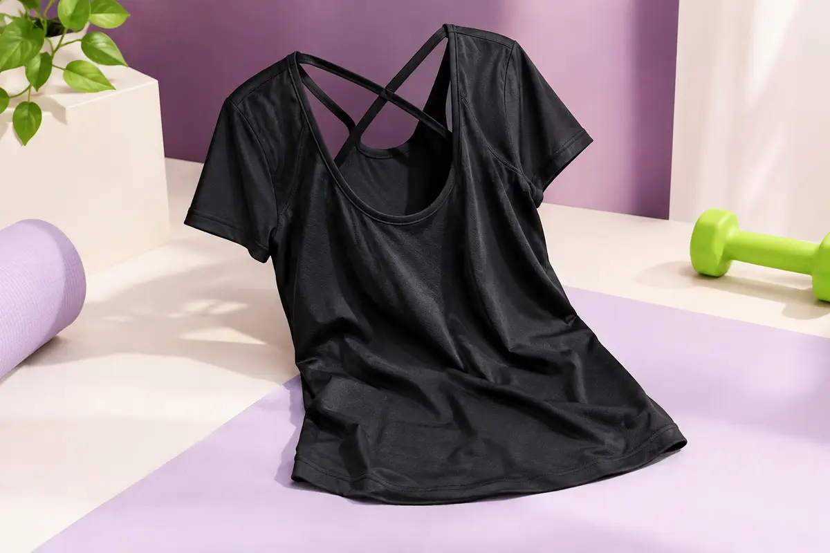 T-shirt de sport noir à manches courtes et dos ouvert croisé, posé sur un fond prune et lilas clair.