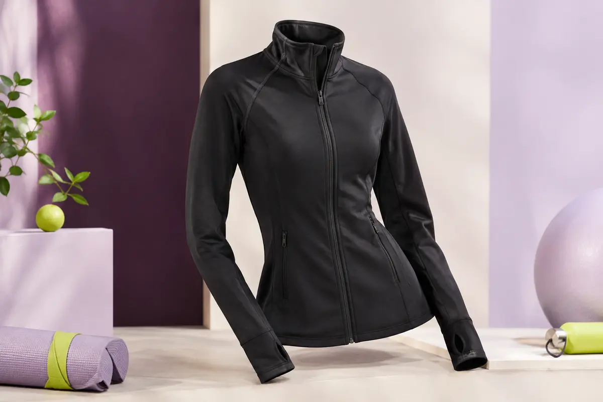 Veste de sport noire à manches longues avec col montant, fermeture à glissière et passe-pouces.