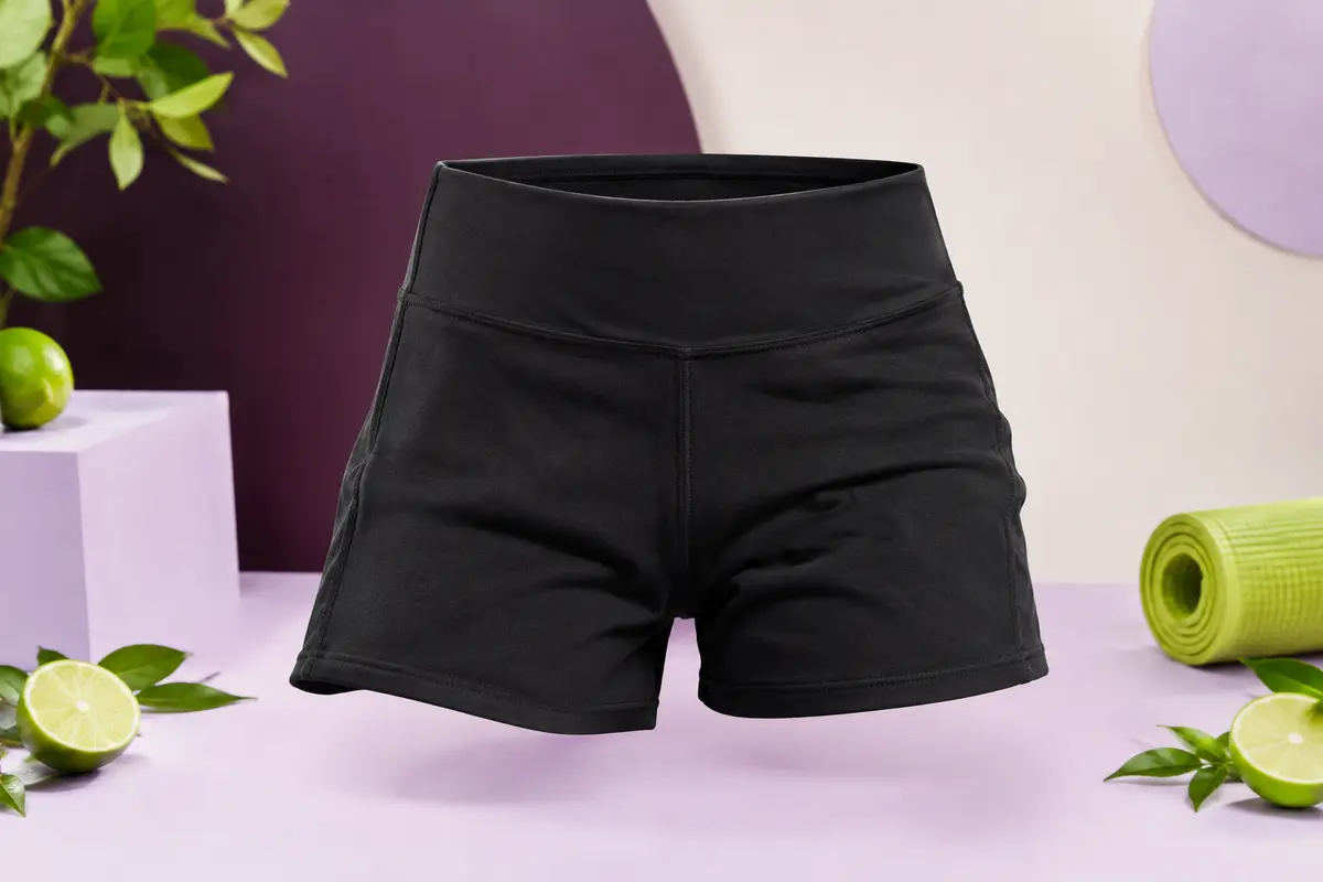 Mini-short de yoga noir à coupe moulante, posé seul sur un fond de studio clair aux accents prune et lilas.