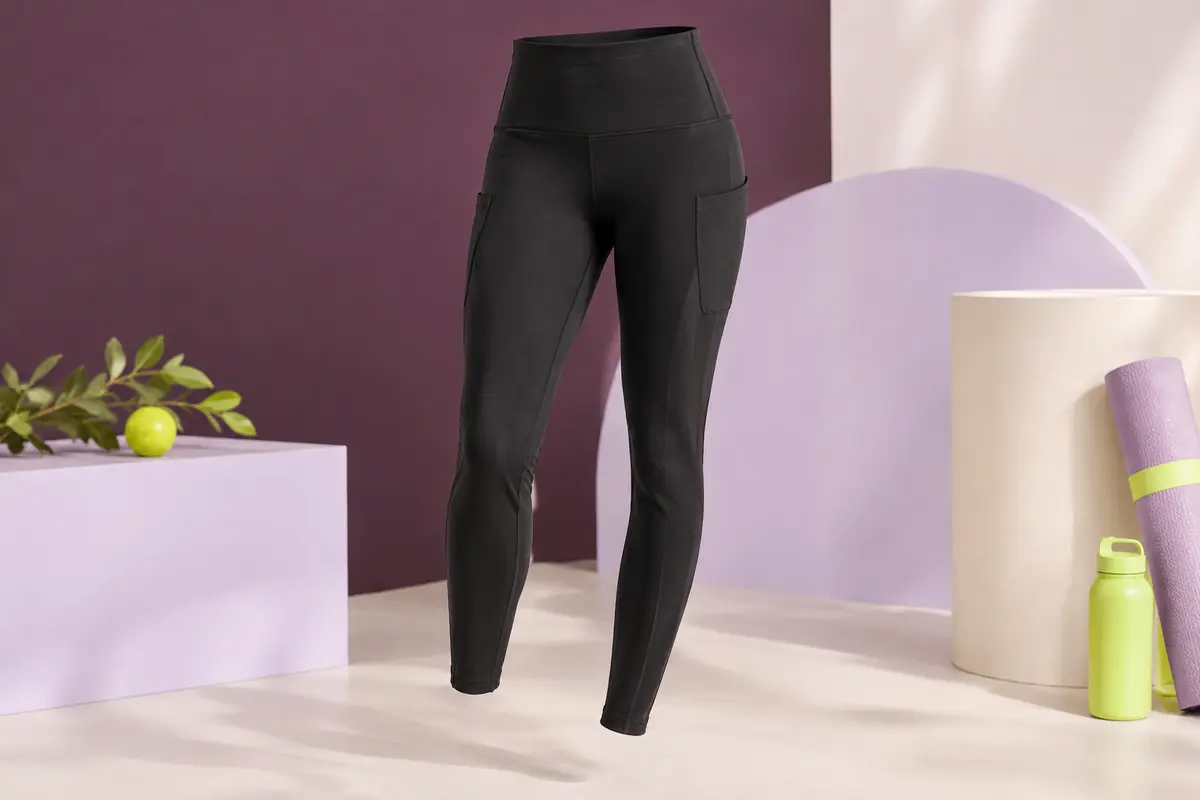 Legging de sport noir mat à taille haute et poches latérales, présenté sur un fond de studio prune et lilas.