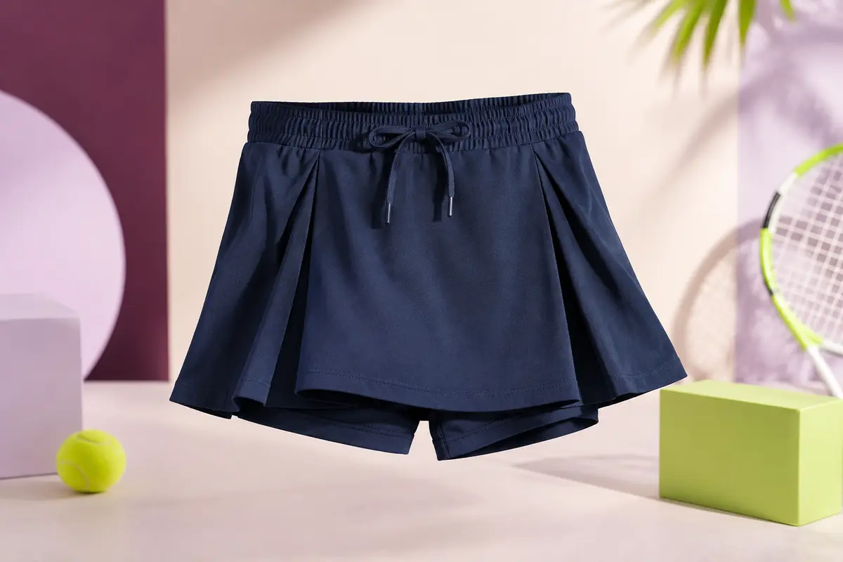 Jupe-short bleu marine à coupe en A, taille élastique à cordon et short intégré sur fond lilas