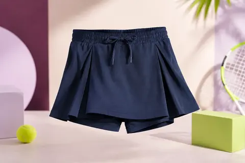Jupe-short bleu marine à coupe en A, taille élastique à cordon et short intégré sur fond lilas