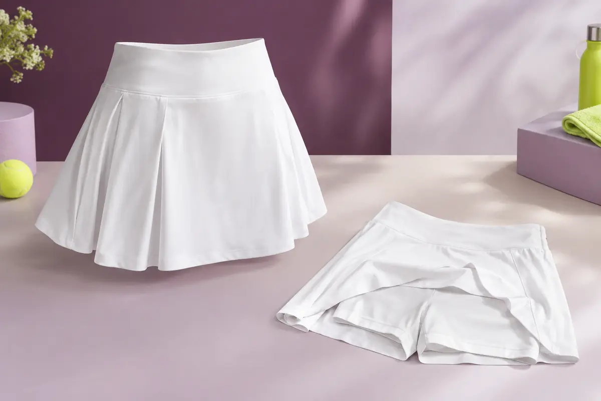Jupe-short de tennis blanche à taille haute, avec short intégré et plis à l’arrière